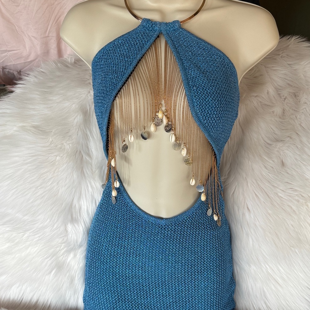 Elegant Blue Halter Dress with Gold shell Accents XXS/XS